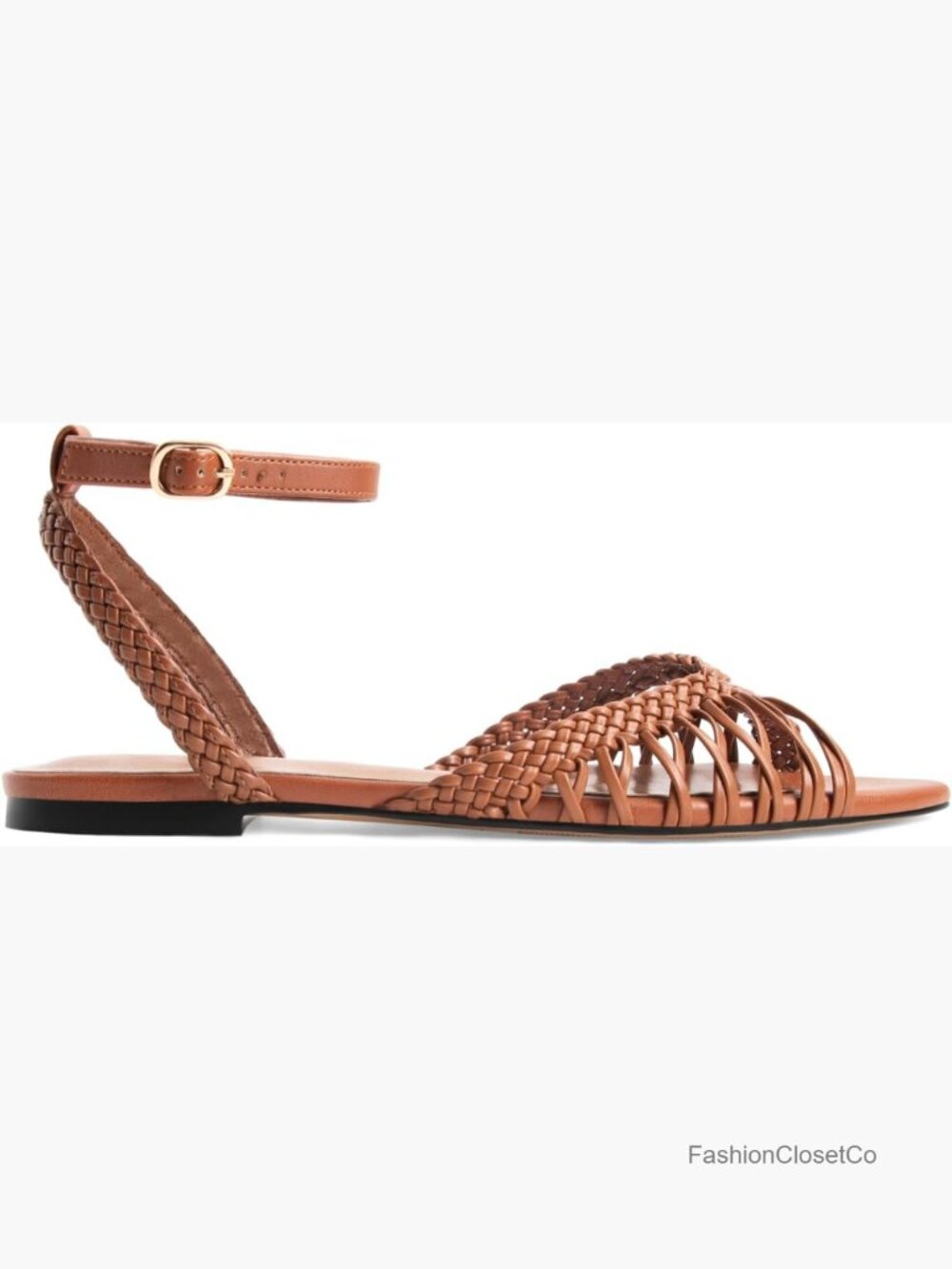 Strappy Pointed Toe Flat Sandals Buckle Ankle Strap Faux Leather Braid Casual